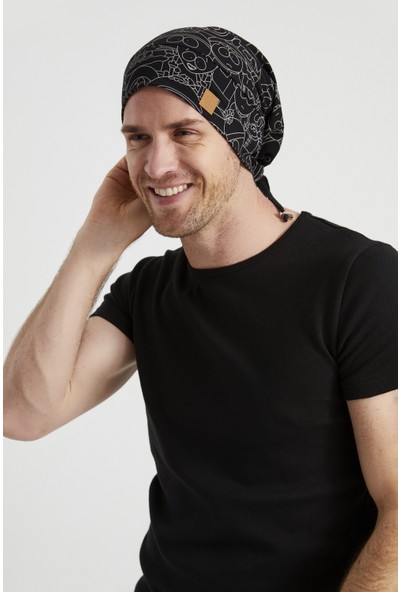 Butikgiz Erkek Siyah Beyaz Desenli Ip Detaylı 4 Mevsim Şapka Bere Buff -Ultra Yumuşak Doğal Penye Kumaş
