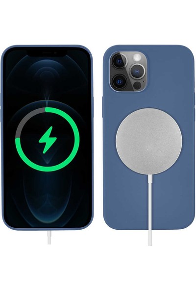 Ehr. Apple iPhone 12 Pro Içi Kadife Magsafe Uyumlu Wireless Silikon Kılıf - Mavi