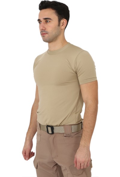 Asker Marketi Bej Kısa Kol Microfiber T-Shirt - Slim Fit Outdoor Tişört