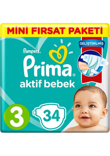 Aktif Bebek Bezi Mini Fırsat Paket 34'lü 3 Beden