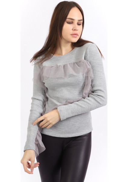 Önü ve Kolları Büzgü Tüllü Kaşkorse Triko Bluz | BLZ32462 Gri modelleri