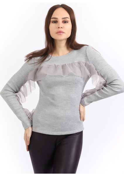 Önü ve Kolları Büzgü Tüllü Kaşkorse Triko Bluz | BLZ32462 Gri fırsatları