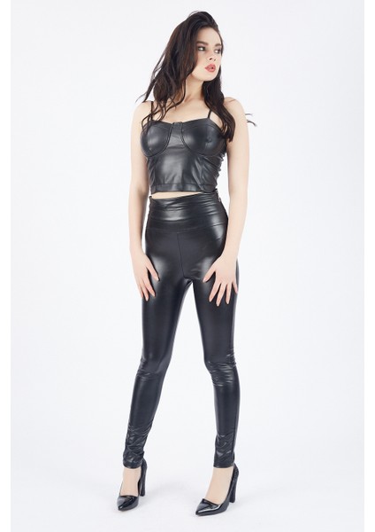 Yandan Fermuarlı Yüksek Kemerli Şardonlu Deri Tayt | TYT33138