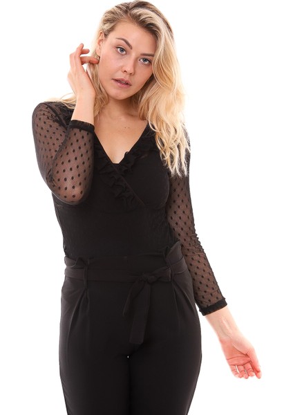 Tül Ön Fırfırlı Agraflı Body | BLZ31319 Siyah