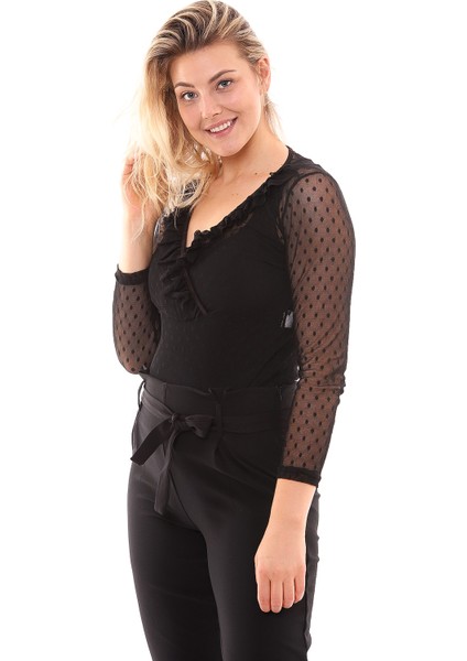 Tül Ön Fırfırlı Agraflı Body | BLZ31319 Siyah