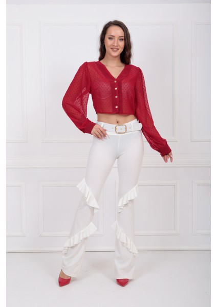 Kemerli Önler 2 Volanlı Scuba Krep Pantolon PNT33363 Ekru