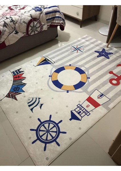 Denizci Çoçuk Kaymaztabanlı Yıkanabilir Halı Kilim Yolluk Dijital Baskı Beyaz Mavi Gri