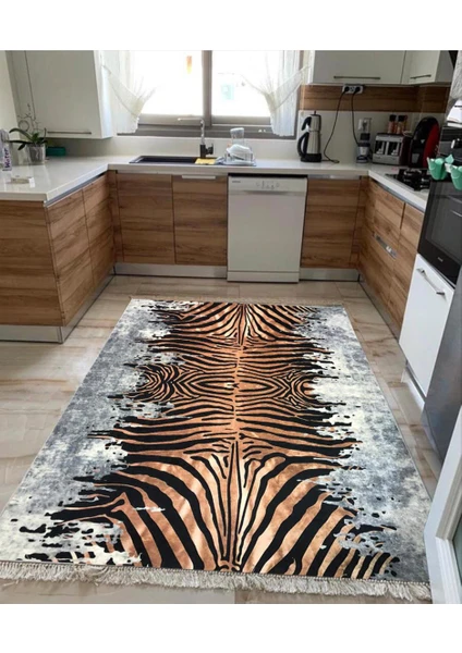 Zebra Kaymaztabanlı Yıkanabilir Halı Kilim Yolluk Dijital Baskı Kahve Gri