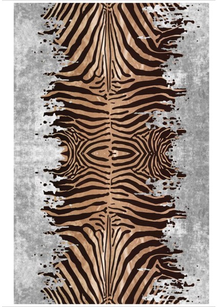 Zebra Kaymaztabanlı Yıkanabilir Halı Kilim Yolluk Dijital Baskı Kahve Gri