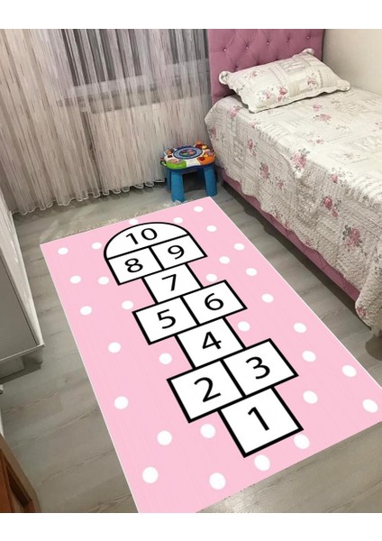 Pembe Seksek Çocuk Kaymaztabanlı Yıkanabilir Halı Kilim Yolluk Dijital Baskı Pembe Beyaz