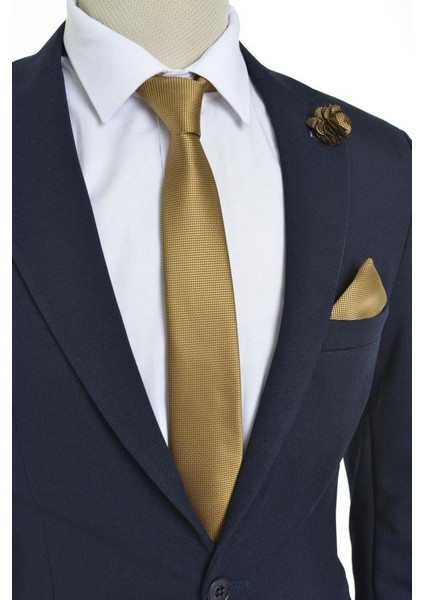 Gold Kravat Mendil Yaka Çiçeği Set