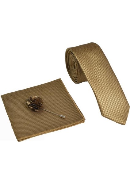 Gold Kravat Mendil Yaka Çiçeği Set