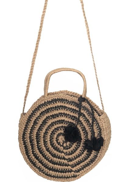 Kadın El Örgüsü Çizgi Desen Jüt Çanta