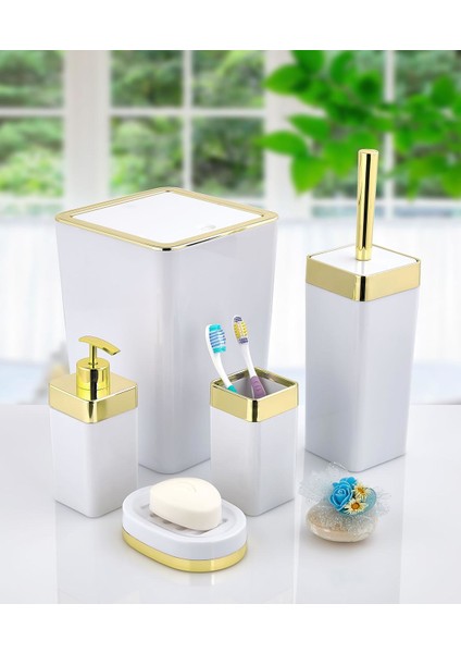 Imera Akrilik Yapım Gold Çizgi Banyo Takımı 5'li Kare Banyo Seti Beyaz
