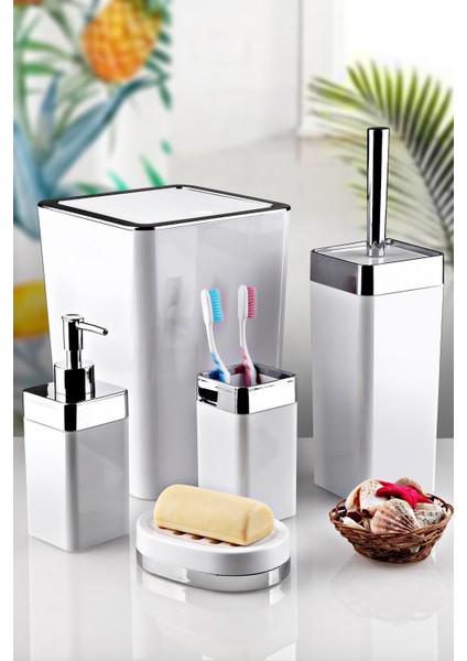 Imera Akrilik Yapım Gümüş Çizgi Banyo Takımı 5'li Kare Banyo Seti Beyaz