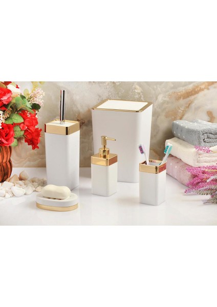 Imera Akrilik Yapım Gold Çizgi Soft Banyo Takımı 5'li Kare Banyo Seti Beyaz