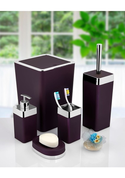 Imera Akrilik Yapım Gümüş Çizgi Soft Banyo Takımı 5'li Kare Banyo Seti Mor