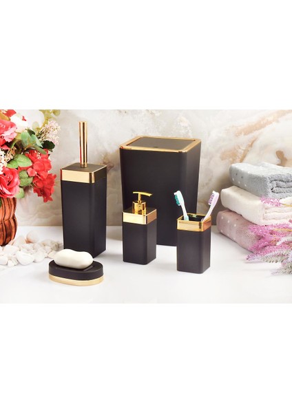 Imera Akrilik Yapım Gold Çizgi Soft Banyo Takımı 5'li Kare Banyo Seti Siyah