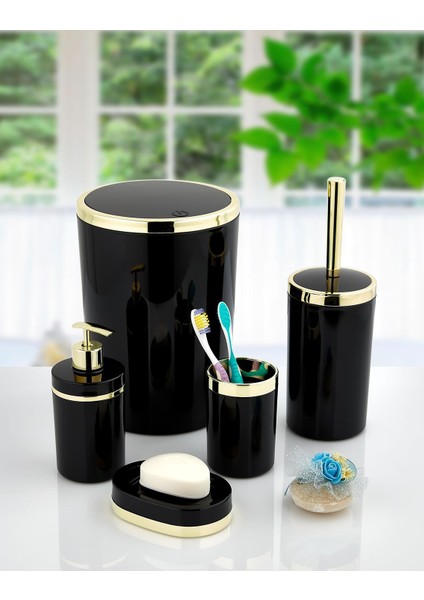 Imera Akrilik Yapım Gold Çizgi Banyo Takımı 5'li Yuvarlak Banyo Seti Siyah