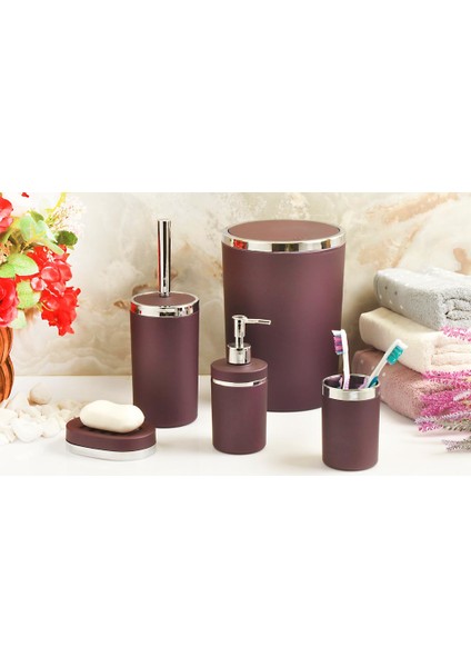 Imera Akrilik Yapım Gümüş Çizgi Soft Banyo Takımı 5'li Yuvarlak Banyo Seti Mor
