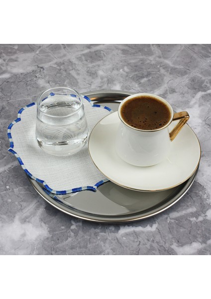 Geçişli Mavi Renkli Nakışlı Keten Efektli 2'li Kokteyl Peçetesi Bardak Altlığı