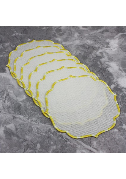 Geçişli Sarı Renkli Nakışlı Keten Efektli 6'lı Kokteyl Peçetesi Bardak Altlığı