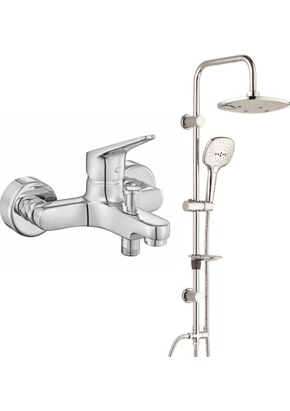 Eca Spylos Banyo Bataryası+T-May Banyo Ayvacık Elips Tepe Duş Takımı Seti Paslanmaz Krom