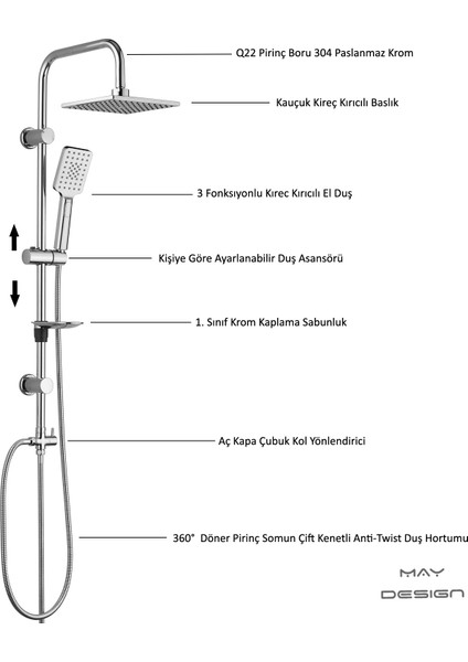 Eca Spylos Banyo Bataryası+T-May Banyo Belen Kare Tepe Duş Takımı Seti Paslanmaz Krom modelleri