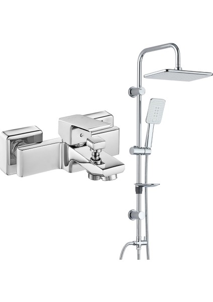 Eca Tiera Banyo Bataryası+T-May Banyo Çınar Dikdörtgen Tepe Duş Takımı Seti Paslanmaz Krom