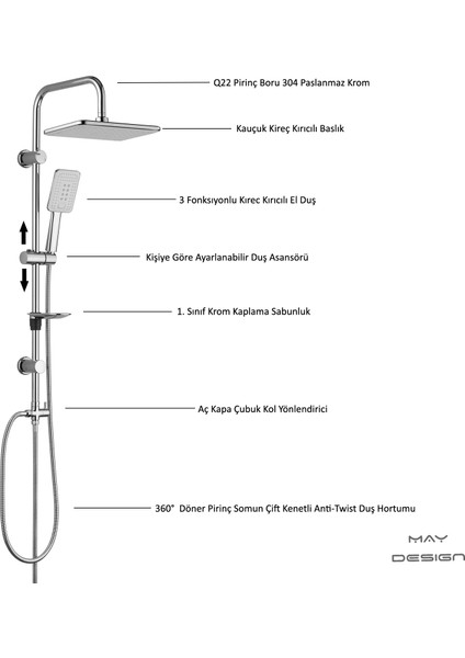 Eca Tiera Banyo Bataryası+T-May Banyo Çınar Dikdörtgen Tepe Duş Takımı Seti Paslanmaz Krom indirimleri