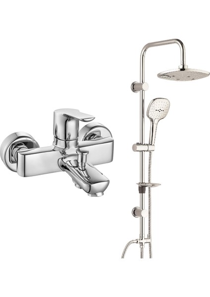 Eca Luna Banyo Bataryası+T-May Banyo Ayvacık Elips Tepe Duş Takımı Seti Paslanmaz Krom