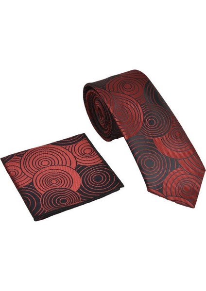 Geometrik Desen Kırmızı Mendilli Kravat