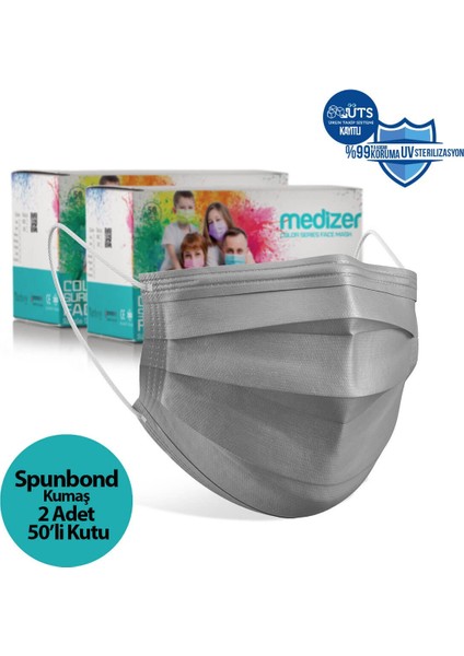Ultrasonik Cerrahi Ağız Maskesi 3 Katlı Spunbond Kumaş 100 Adet - Burun Telli - Gri