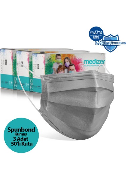 Ultrasonik Cerrahi Ağız Maskesi 3 Katlı Spunbond Kumaş 150 Adet - Burun Telli - Gri