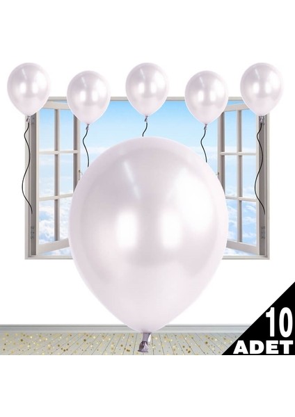 Metalik Parlak Balon, 10 Adet - Beyaz