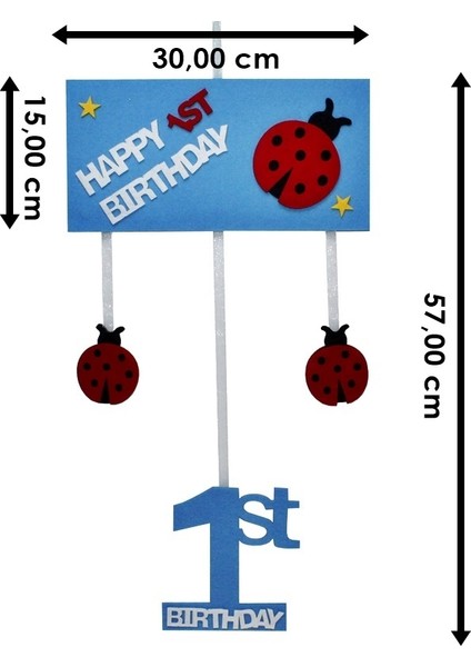 1 Yaş Uğur Böcekli Keçe Avize Süs - Mavi - 57,00 cm.