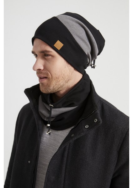 Erkek Genç Yeni Sezon Siyah Gri Parçalı Ipli Şapka Bere Boyunluk Takım -Sporrahatpamuklu Termal