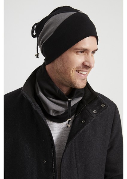 Erkek Genç Yeni Sezon Siyah Gri Parçalı Ipli Şapka Bere Boyunluk Takım -Sporrahatpamuklu Termal fiyatları