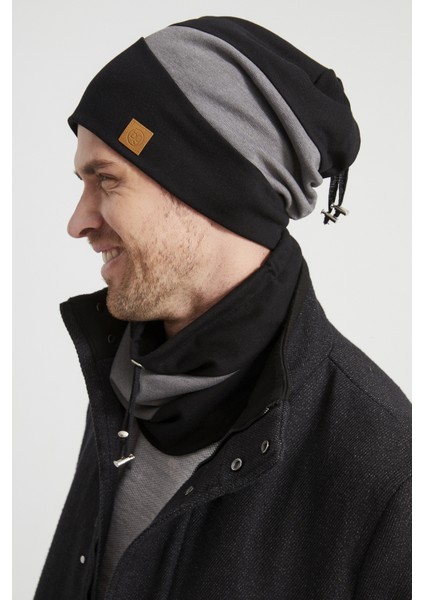 Erkek Genç Yeni Sezon Siyah Gri Parçalı Ipli Şapka Bere Boyunluk Takım -Sporrahatpamuklu Termal modelleri