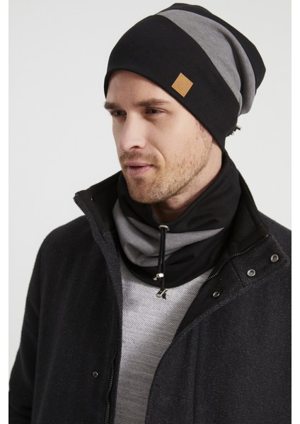 Erkek Genç Yeni Sezon Siyah Gri Parçalı Ipli Şapka Bere Boyunluk Takım -Sporrahatpamuklu Termal fırsatları