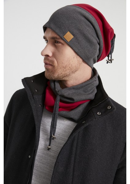 Erkek Genç Yeni Sezon Füme Kırmızı Parçalı Ipli Şapka Bere Boyunluk Takım -Sporrahatpamuklu Termal