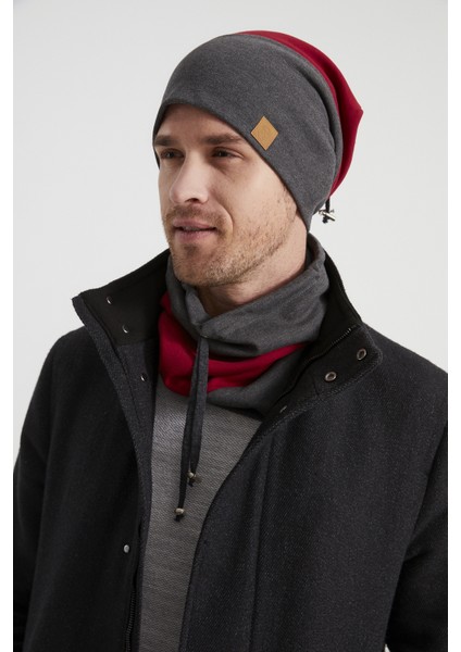 Erkek Genç Yeni Sezon Füme Kırmızı Parçalı Ipli Şapka Bere Boyunluk Takım -Sporrahatpamuklu Termal fiyatları