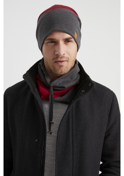Erkek Genç Yeni Sezon Füme Kırmızı Parçalı Ipli Şapka Bere Boyunluk Takım -Sporrahatpamuklu Termal modelleri