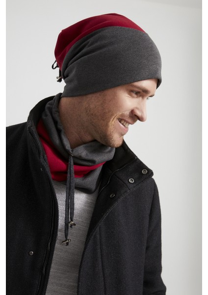 Erkek Genç Yeni Sezon Füme Kırmızı Parçalı Ipli Şapka Bere Boyunluk Takım -Sporrahatpamuklu Termal fırsatları