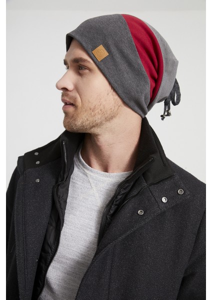 Erkek Genç Yeni Sezon Kırmızı Gri Gri Parçalı Ip Detaylı Şapka Bere -Spor Rahat Pamuklu Termal