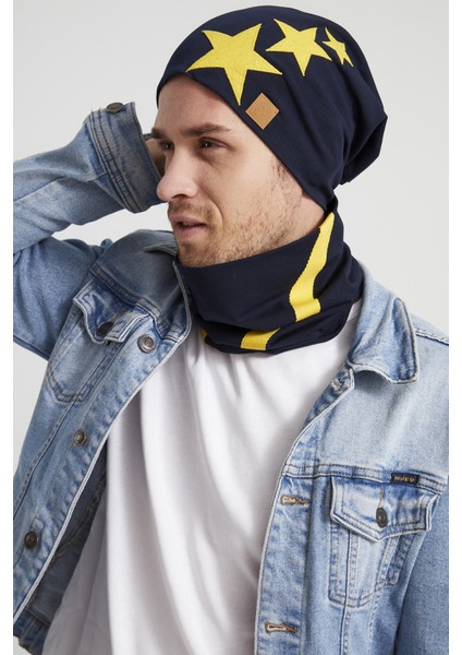 Sarı Lacivert Yıldızlı Efsane Çubuklu Ipli 4 Mevsim Şapka Bere Boyunluk Takım -Yumuşak Doğal Penye fiyatları