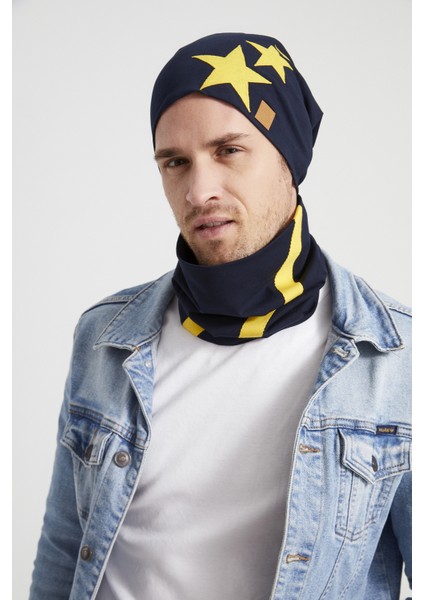 Sarı Lacivert Yıldızlı Efsane Çubuklu Ipli 4 Mevsim Şapka Bere Boyunluk Takım -Yumuşak Doğal Penye fırsatları