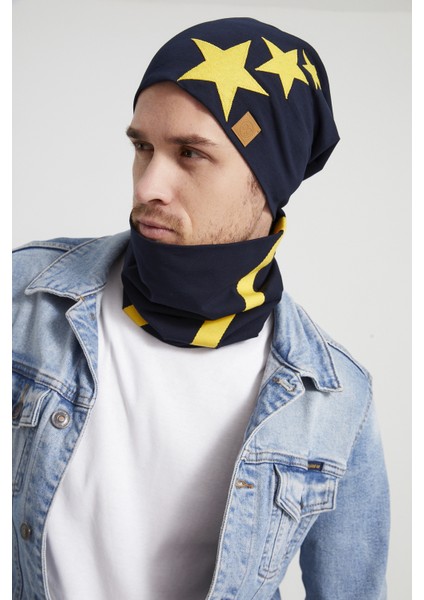 Sarı Lacivert Yıldızlı Efsane Çubuklu Ipli 4 Mevsim Şapka Bere Boyunluk Takım -Yumuşak Doğal Penye indirimleri