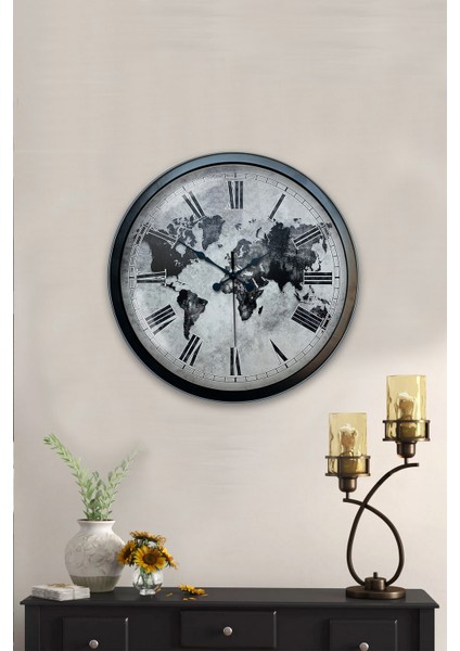 40 cm Siyah Metal Eskitme Dünya Duvar Saati fiyatları