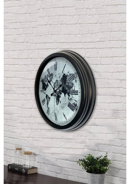 40 cm Siyah Metal Eskitme Dünya Duvar Saati modelleri
